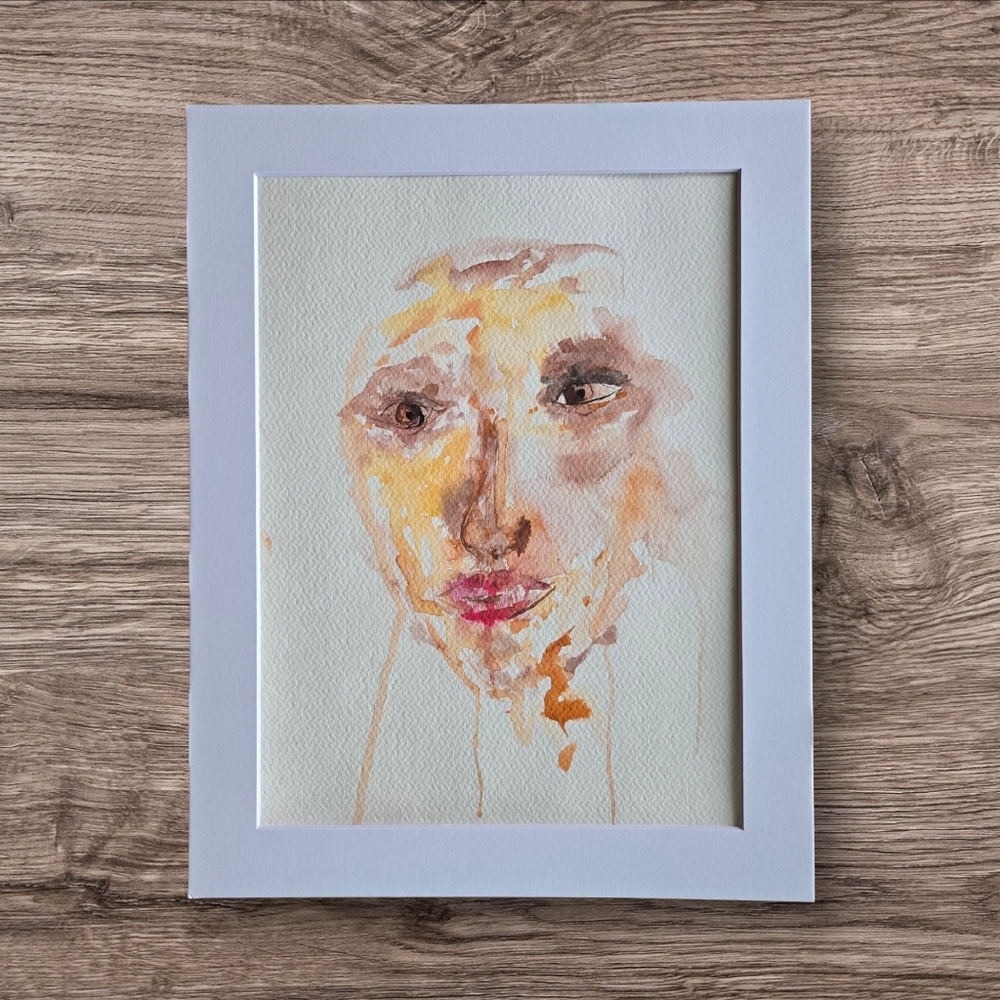 Abstract Face Portrait Watercolor 9x12, Matted in White 11x14